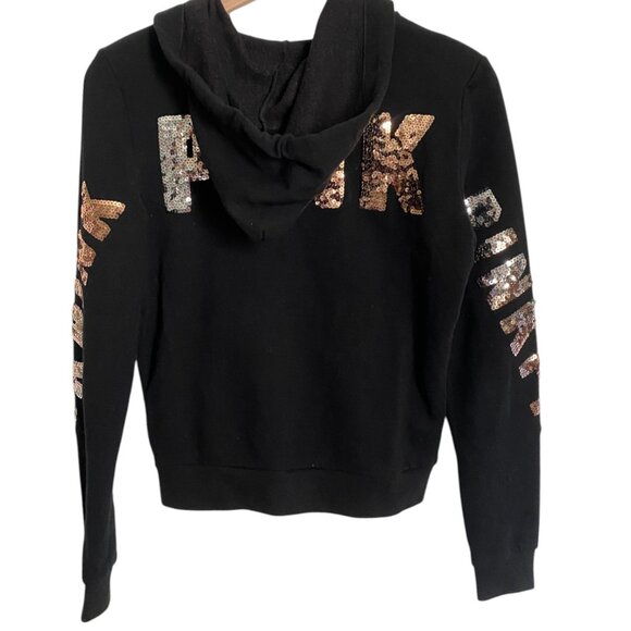 Victoria’s Secret Pink Rose Gold Silver Ombre Bling Sequin Hoodie S Black Zip Up - Picture 2 of 7